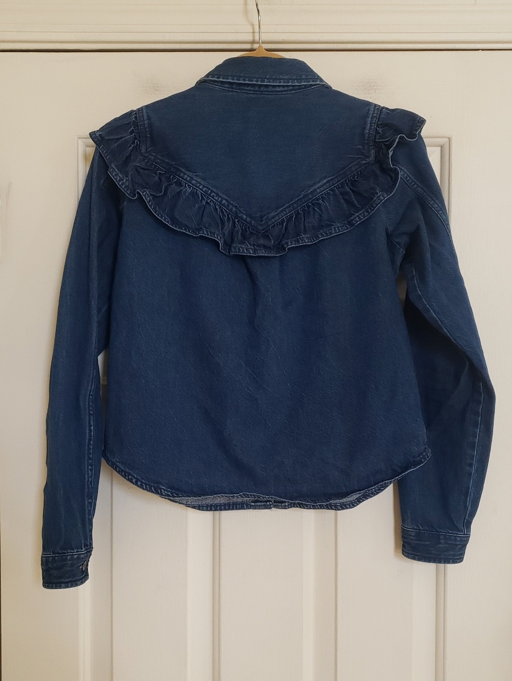 American Eagle Ruffle Denim Western Shirt Medium Wash XXS - Picture 4 of 15